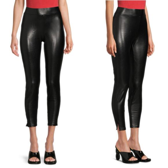 HUE Cropped Skinny Black Faux Leather Leggings Women's Size Large NEW - Picture 1 of 8